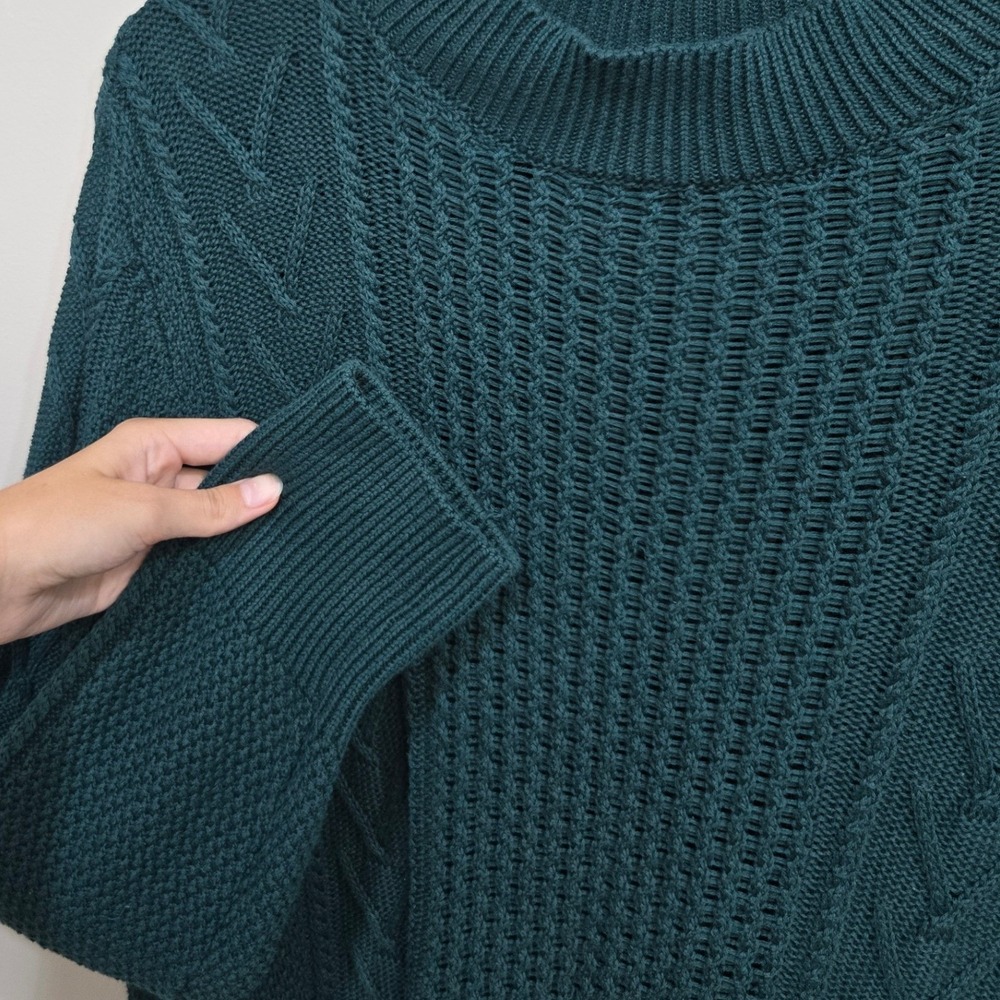 Known Supply Sweater Medium Teal Green Cable Knit Mock Neck 100% Organic Cotton - Picture 4 of 8